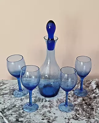 Buy Cobalt Blue Etched Grape Glass Decanter & 4 Wine Glasses Mid-Century Vintage Set • 28£