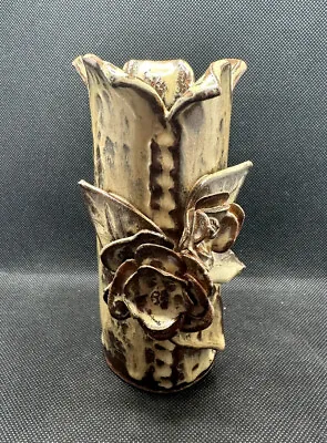 Buy Vintage Studio Pottery Stoneware Vase Brown Drip Glaze W/ Rose Flower 6 1/8  • 30.81£
