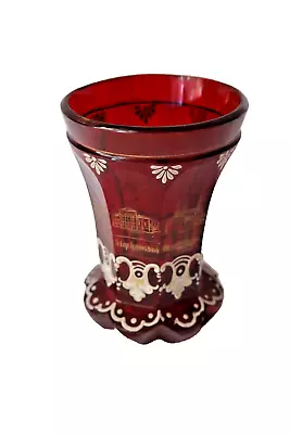 Buy Antique Bohemian Biedermeier Ruby Red Enamelled Glass Goblet 1860-1880 • 308.95£