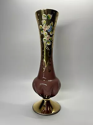 Buy Vintage Bohemian Hand Painted Pink Cased Glass Vase Gilt • 19.99£