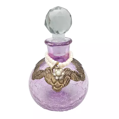 Buy Vintage Purple Round Crackle Glass Perfume Bottle With Pearl Beads Metal Detail • 18£