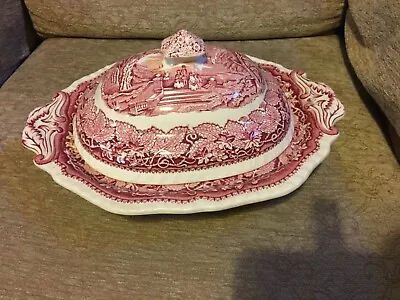 Buy Masons Pink Vista Covered Casserole, Oval, Terrine Dish Great Condition. • 79£