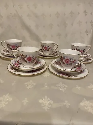 Buy * QUEEN ANNE 15pc PINK AND RED ROSES TEA SET  (5 Trios) FREE UK POST • 29.99£