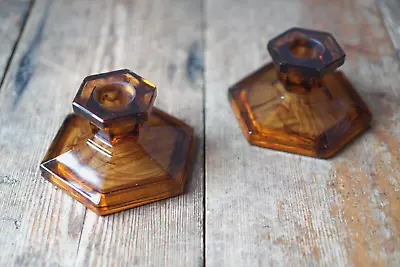 Buy Art Deco George Davidson Cloud Amber Brown Glass Candle Holders • 18£