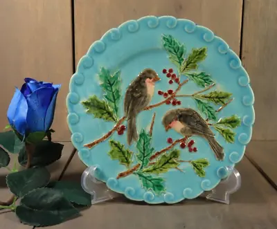 Buy Antique French SARREGUEMINES Plate Majolica Birds Holly Victorian C1880 • 120.37£