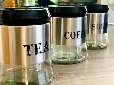Buy Set Of 3 Tea Coffee Sugar Canisters Jars Kitchen Storage Containers Glass Pots • 14.90£
