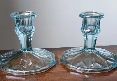 Buy Elegant Vintage Art Deco Pair Of Pale Blue Glass Candlesticks • 14.50£