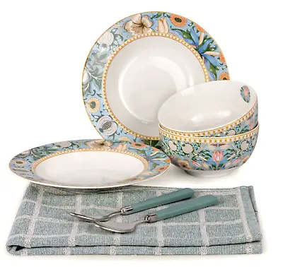 Buy 7pc Bone China Dinner Service Set Porcelain Dinnerware MORRIS GARDEN Turquoise • 18.19£