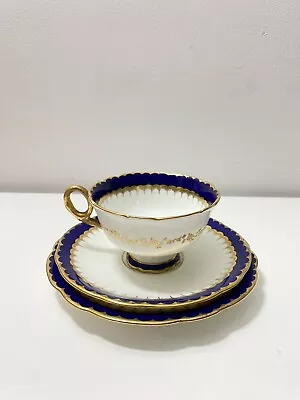 Buy Coalport Spearpoint Cup Saucer  & Cake Plate Bone China Navy White & Gold Trio • 48£