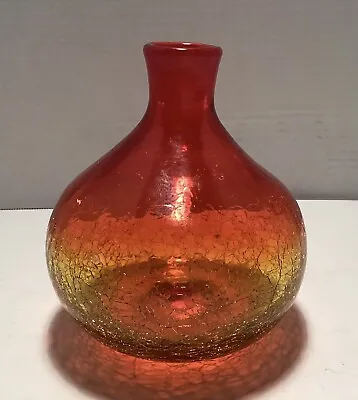 Buy Vintage Amberina Handblown Crackle Vase Red/Yellow 5 1/2”H, 5” W. • 18.93£