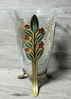 Buy ADORE Art Deco Style Crackled Glass Vase With Brass Stand Sculpture Flowers • 29.99£