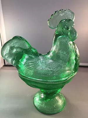 Buy Vintage Unknown Maker Rooster On Pedestal / Nest - Green Colored Glass • 47.11£