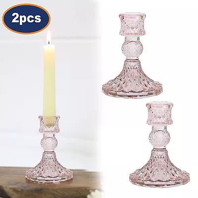 Buy Set Of 2 Pink Glass Candle Holder Vintage Taper Candlestick Dinner Table Decor • 9.95£