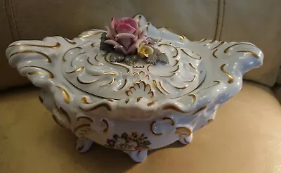 Buy White Porcelain Applied Rose Lidded Dish Marked Crown N Dresden • 27.50£