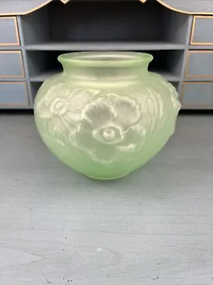 Buy Tiffin Green Satin Vaseline Glass Vase Poppy Floral UV Reactive • 57.60£