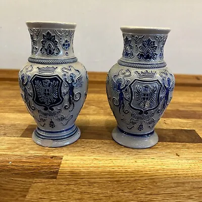 Buy Vintage Salt Glaze Pair Small Vase Gerz Westerwald German Pottery Coat Of Arms • 22£