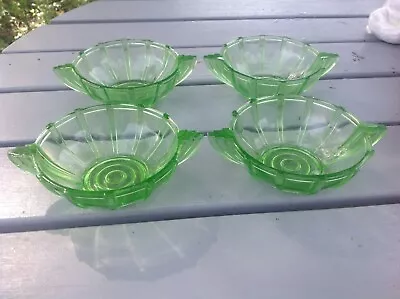 Buy Bagley Art Deco Green Uranium Glass - Set Of Four Grapefruit Bowls Or Dishes • 10£
