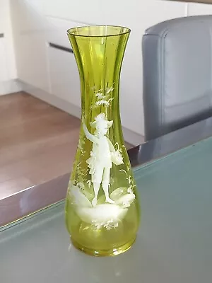 Buy  Antique Victorian 8   Olive/Lime  Green Mary Gregory Glass VASE.  White Enamel • 35£