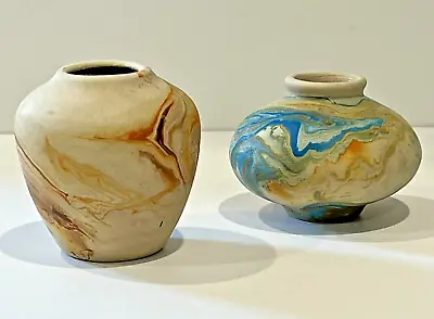 Buy Vintage Lot Of 2 Nemadji USA Pottery Clay Swirl Vases Beige Orange Blue 2-3 Tall • 40.81£