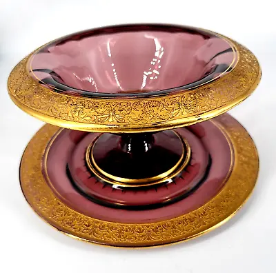 Buy Antique TIFFIN FRANCISCAN PINK AMETHYST COMPOTE & UNDERPLATE W/GOLD RIM • 55.85£