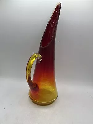 Buy Vintage  Red / Amber / Yellow Crackle Glass Swung Pitcher / Vase • 26.65£