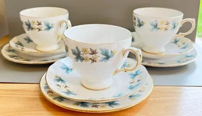 Buy Vintage | Queen Anne Bone China Tea Sets | Blue And Brown Leaves, Yellow Flowers • 3£
