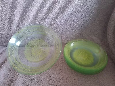 Buy Decorative Vintage Green Glass Salad Bowl With 6 Matching Serving Side Plates • 26£