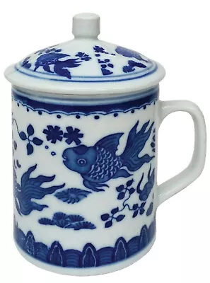 Buy Chinese Porcelain Lidded Mug - Blue And White - Goldfish Pattern • 12.75£