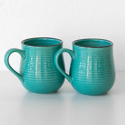 Buy Set Of 2 Large Aqua Blue Glazed Mugs Ribbed Stoneware Tea Coffee Soup Barrel Cup • 20.90£