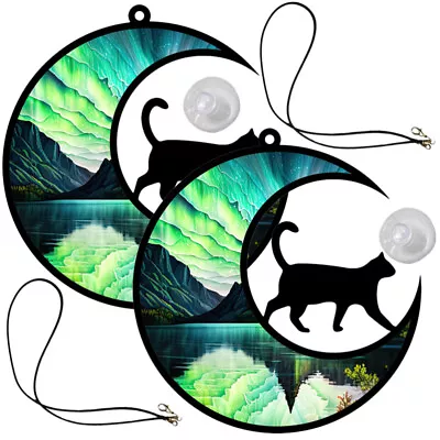 Buy 2 Cat Moon Stained Glass Hangings For Home & Garden Decor • 6.55£