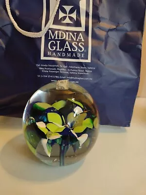 Buy Vintage Mdina Art Glass Paperweight Blue Green White Flower Signed • 18£