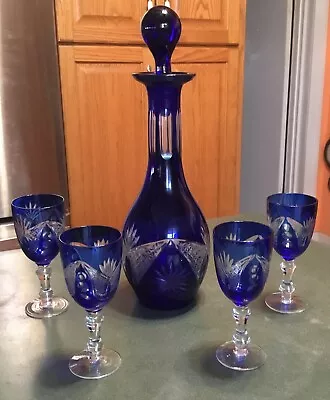 Buy Bohemian Cobalt Blue Cut-to-Clear Crystal Decanter 14” & 4 Wine Glasses 5.25” Ex • 127.88£