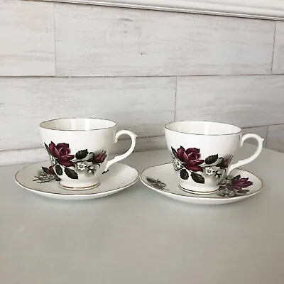 Buy 2 Vintage Fenton China Company Bone China Rose & Gold Trim Teacups With Saucers • 28.29£