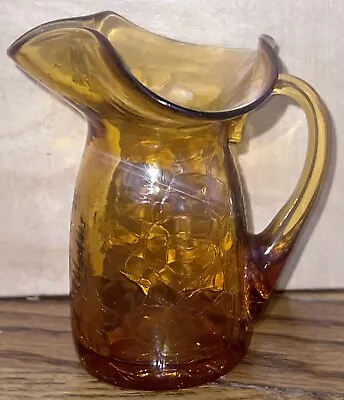 Buy Vintage MCM Art Studio Small Amber Crackle Glass Handled Pitcher Jug Vase 3.5” • 5.75£