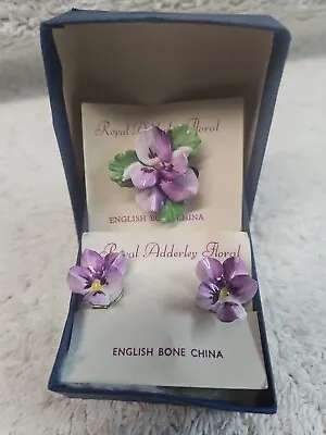 Buy Vintage Royal Adderley SET Floral Earrings & Brooch Pin English Bone China NEW  • 56.55£