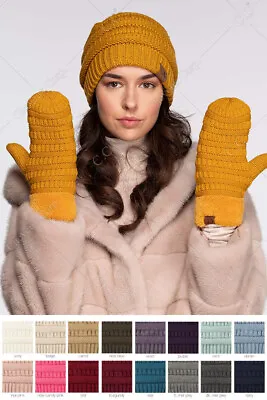 Buy C.C 2pc Unisex Solid Fleece Fuzzy Lining Ribbed Cable Knit Beanie And Gloves Set • 28.41£