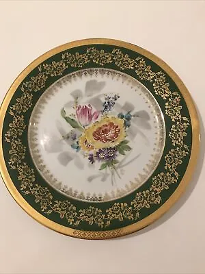 Buy Vintage Limoges France Dessert Plate Decorated Flowers Green & Gilt Border 10 In • 25£