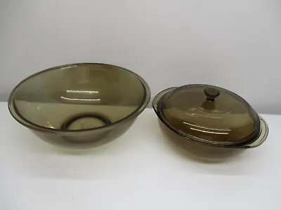 Buy Vintage PYREX  Amber Round Casserole Dish/LID  #024 And Mixing Bowl 4L #326 • 28.46£