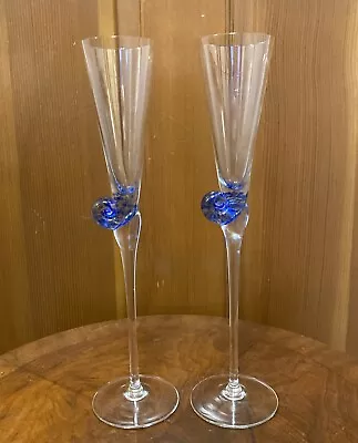 Buy ELEGANT Crystal Champagne Flutes (2) Cobalt Blue Snail Escargot MURANO Art Glass • 118.59£