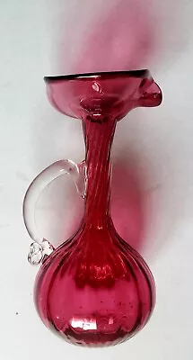 Buy Ornate Handblown Cranberry Glass Jug With Ruffled Rim. 20cm Tall. VGC • 9.99£
