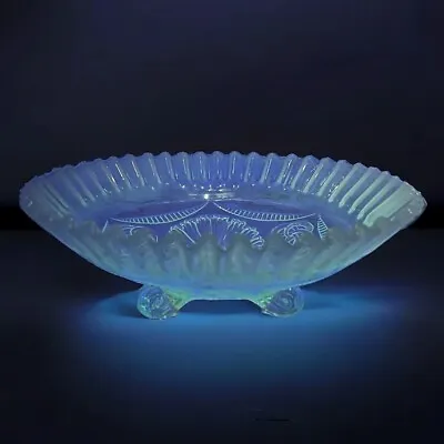 Buy Antique Jefferson Blue Opalescent Glass Ruffles & Rings Footed 9” Bowl UV Glow • 33.08£