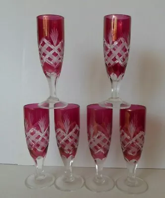 Buy Set Of Six Vintage Czech Bohemian Cranberry Cut To Clear Glass Shot Glasses • 18£