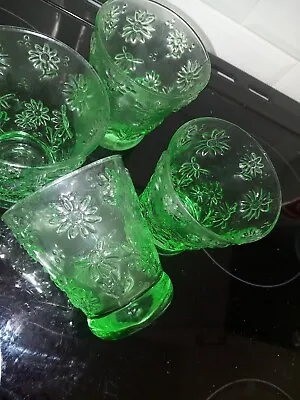 Buy 4 X Heavy Green Glass Water Glasses-Raised Daisy Pattern-11cm Tall-Heavy Base • 16£
