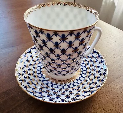 Buy Vintage Imperial Lomonosov Porcelain Teacup/Mug And Saucer Cobalt Net Pattern • 52.74£
