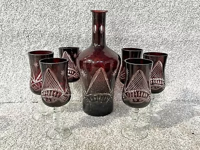 Buy Vintage Bohemian Czech Glass Decanter & Wine Glasses Purple Glassware Carafe • 39.99£