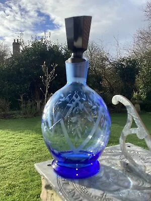 Buy VINTAGE ART DECO BOHEMIAN BLUE GLASS DECANTER With Black Stopper • 20£