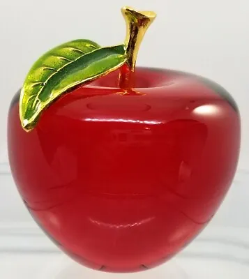 Buy Vibrant Red Glass Apple Figurine Paperweight Gold Stem Leaf Home Decoration Gift • 24.89£