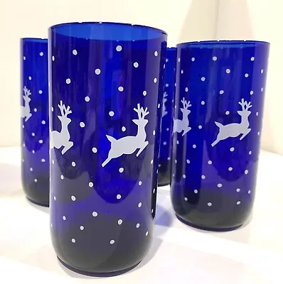 Buy Set Of 4 Libbey Cobalt Blue 16 Oz Reindeer Tumblers • 19.21£