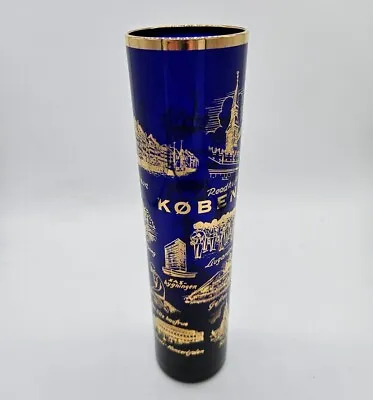 Buy Vintage Holmegaard Royal Copenhagen Cobalt Blue Glass Vase Gold Tourist Travel • 39.95£