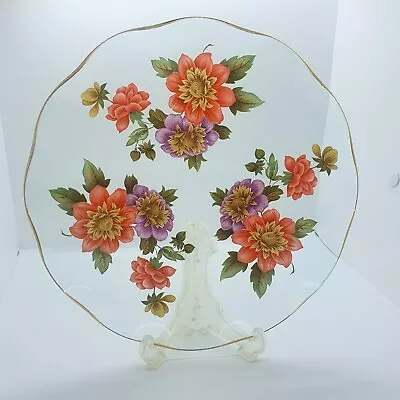 Buy Vintage Chance Glass Clear Purple & Red Flower Plate Ruffle Edge Gold Rim 24cm • 7.99£